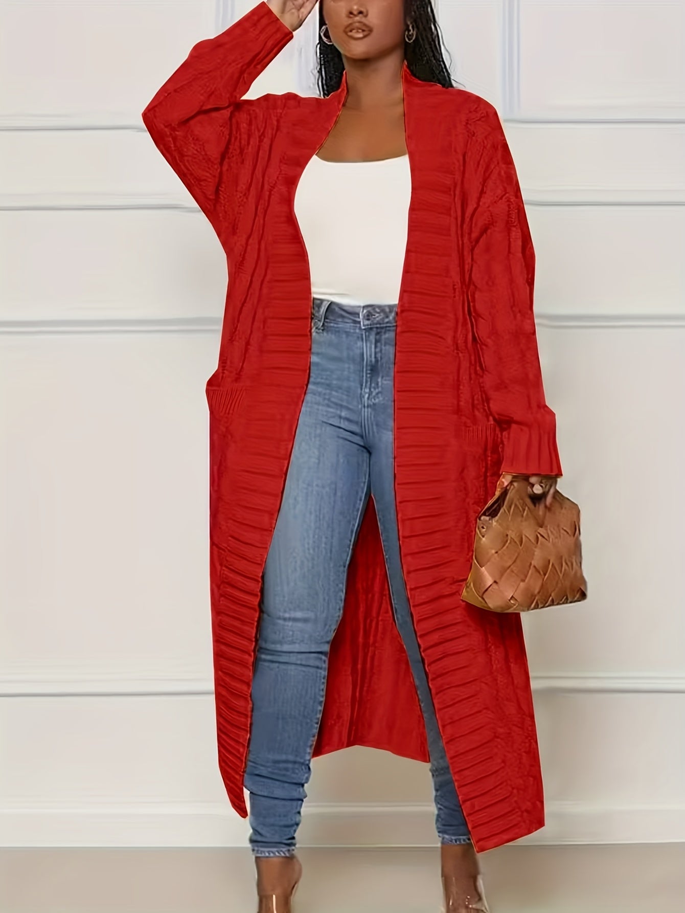 Women's Plus Size Long Cardigan - Cable Knit Oversized Pockets – view 6