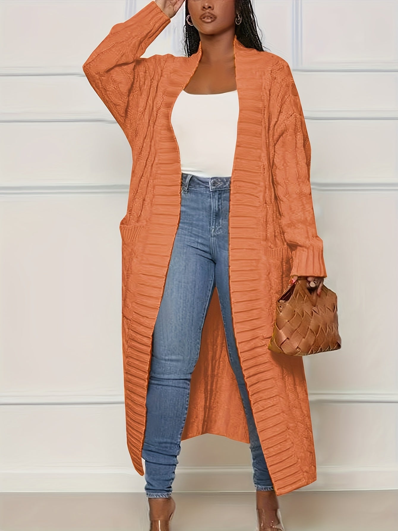Women's Plus Size Long Cardigan - Cable Knit Oversized Pockets – view 9