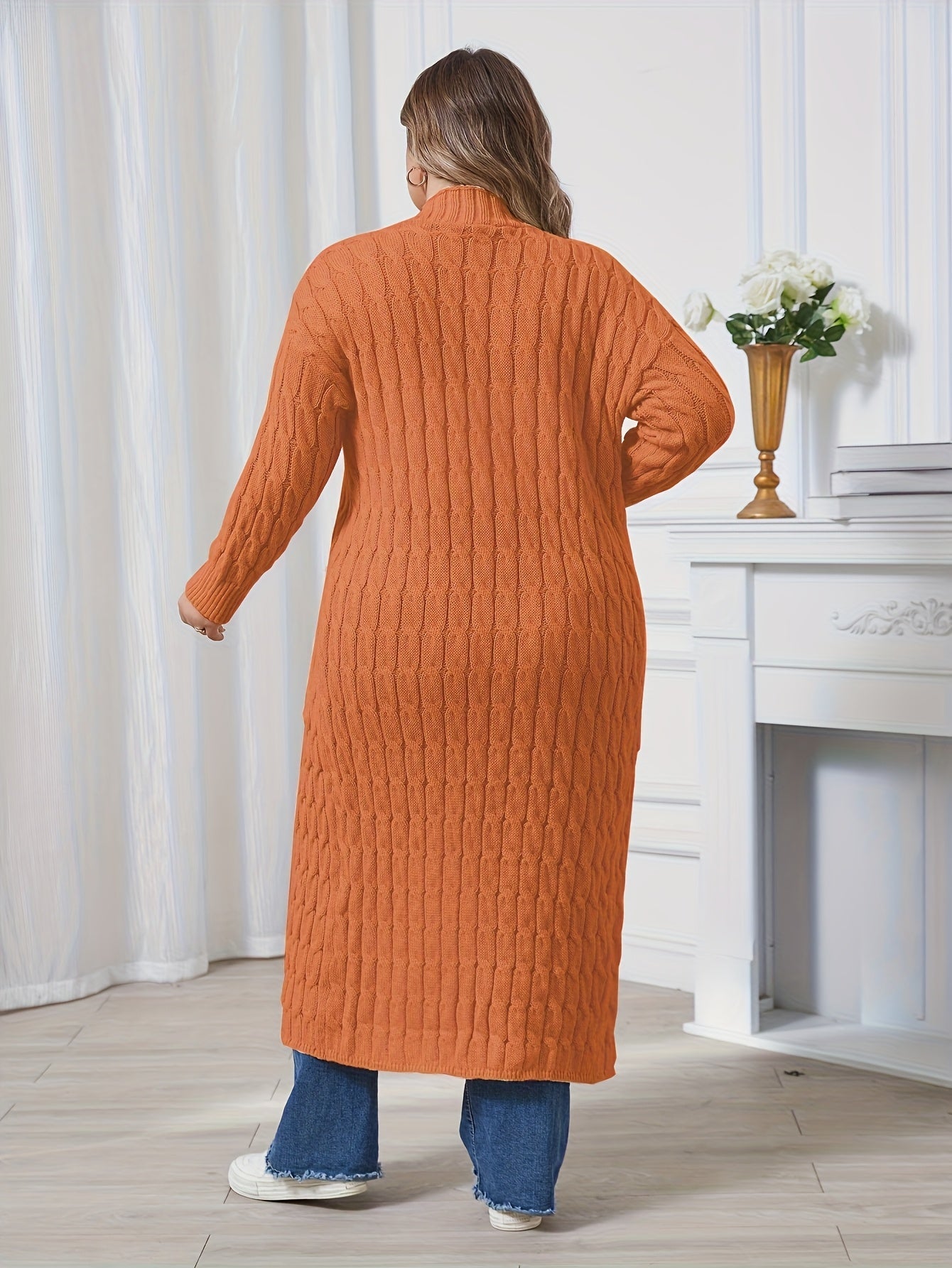 Women's Plus Size Long Cardigan - Cable Knit Oversized Pockets – view 10