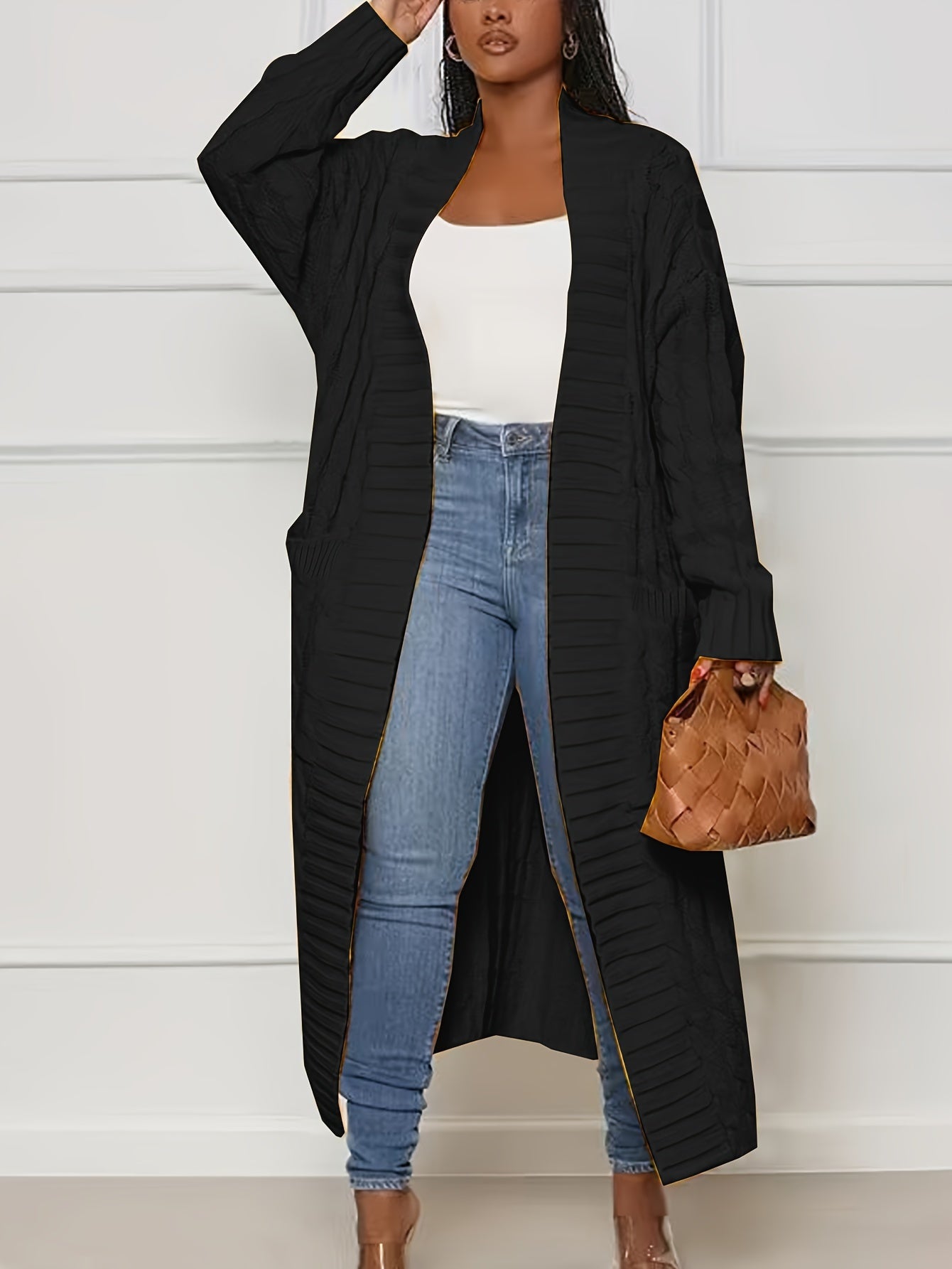 Women's Plus Size Long Cardigan - Cable Knit Oversized Pockets – Red option – view 3