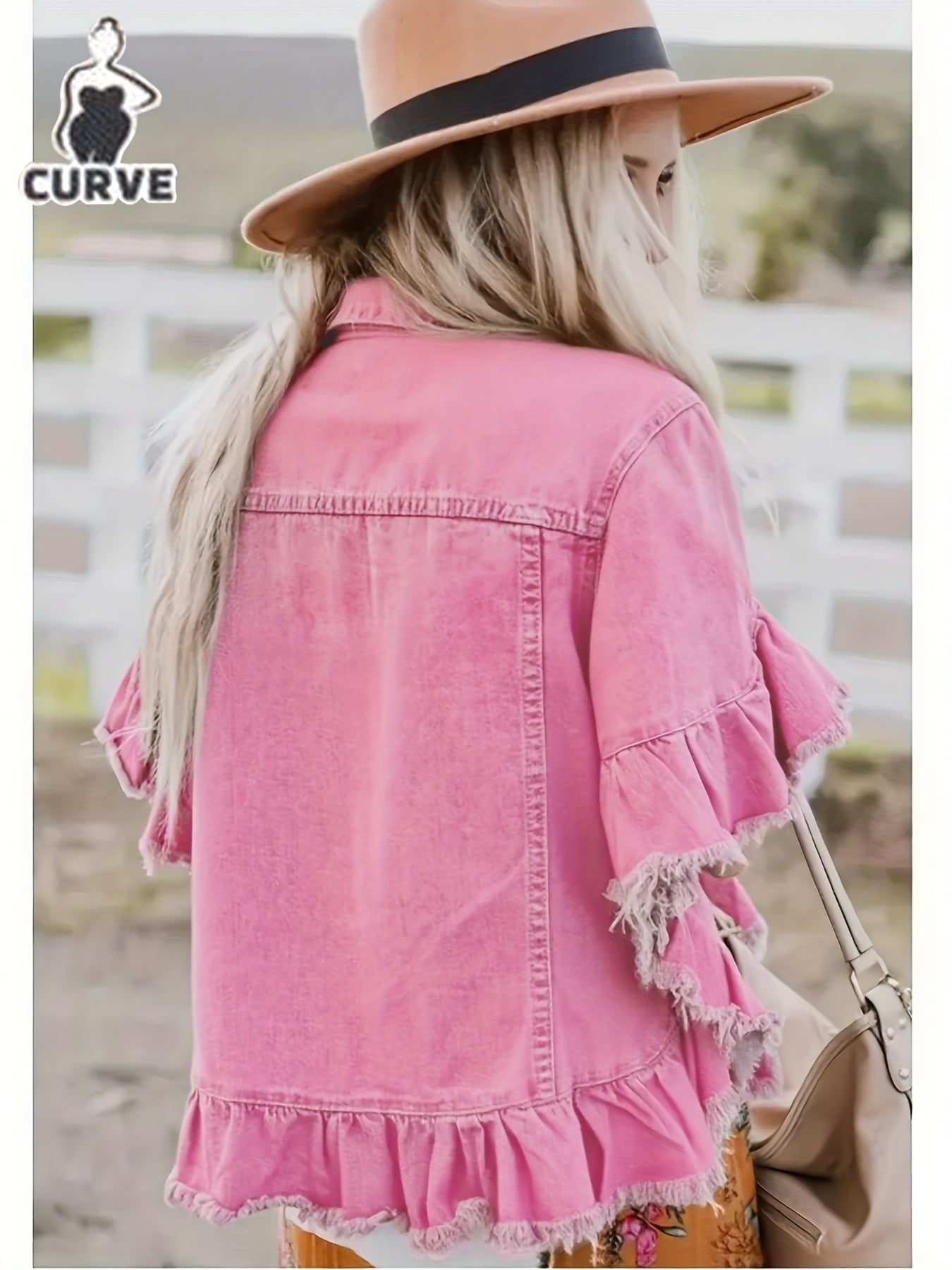 Women's Plus Size Pleated Denim Jacket - Loose Cuffs and Ruffle Hem detail view