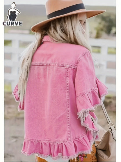 Women's Plus Size Pleated Denim Jacket - Loose Cuffs and Ruffle Hem detail view
