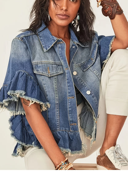 Women's Plus Size Pleated Denim Jacket - Loose Cuffs and Ruffle Hem detail view