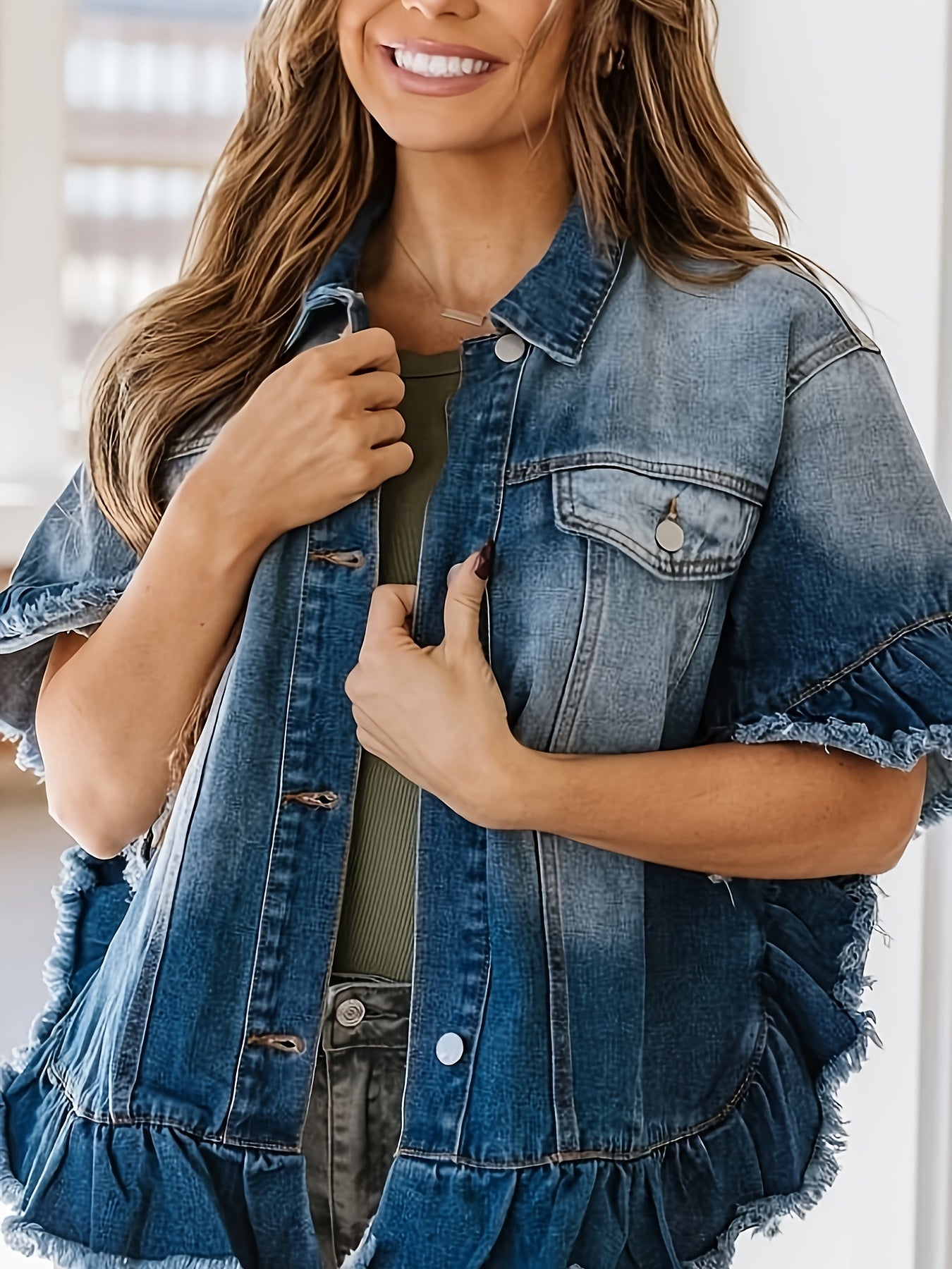 Women's Plus Size Pleated Denim Jacket - Loose Cuffs and Ruffle Hem detail view