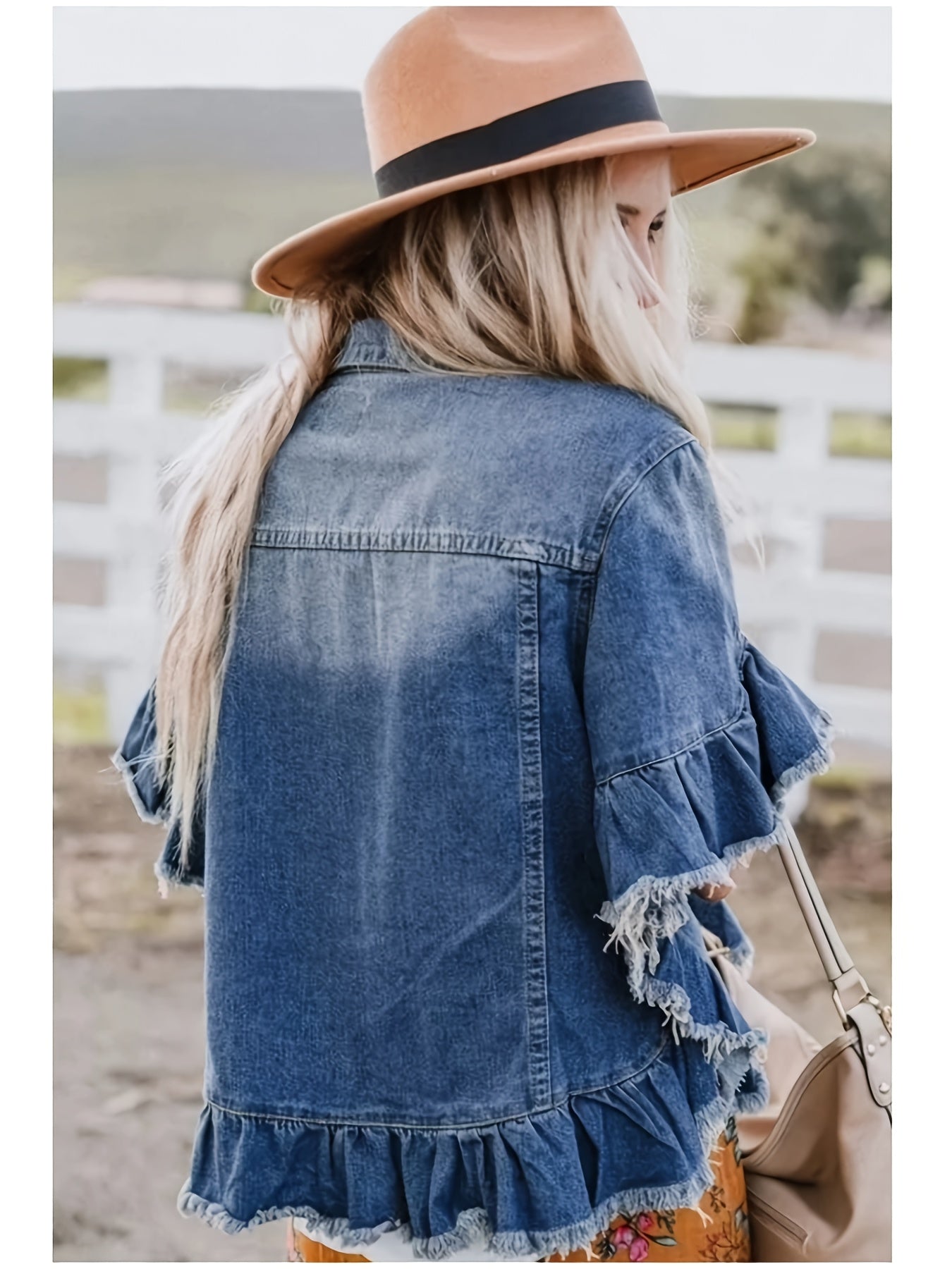 Women's Plus Size Pleated Denim Jacket - Loose Cuffs and Ruffle Hem detail view