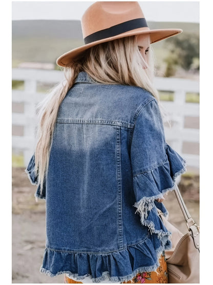 Women's Plus Size Pleated Denim Jacket - Loose Cuffs and Ruffle Hem detail view