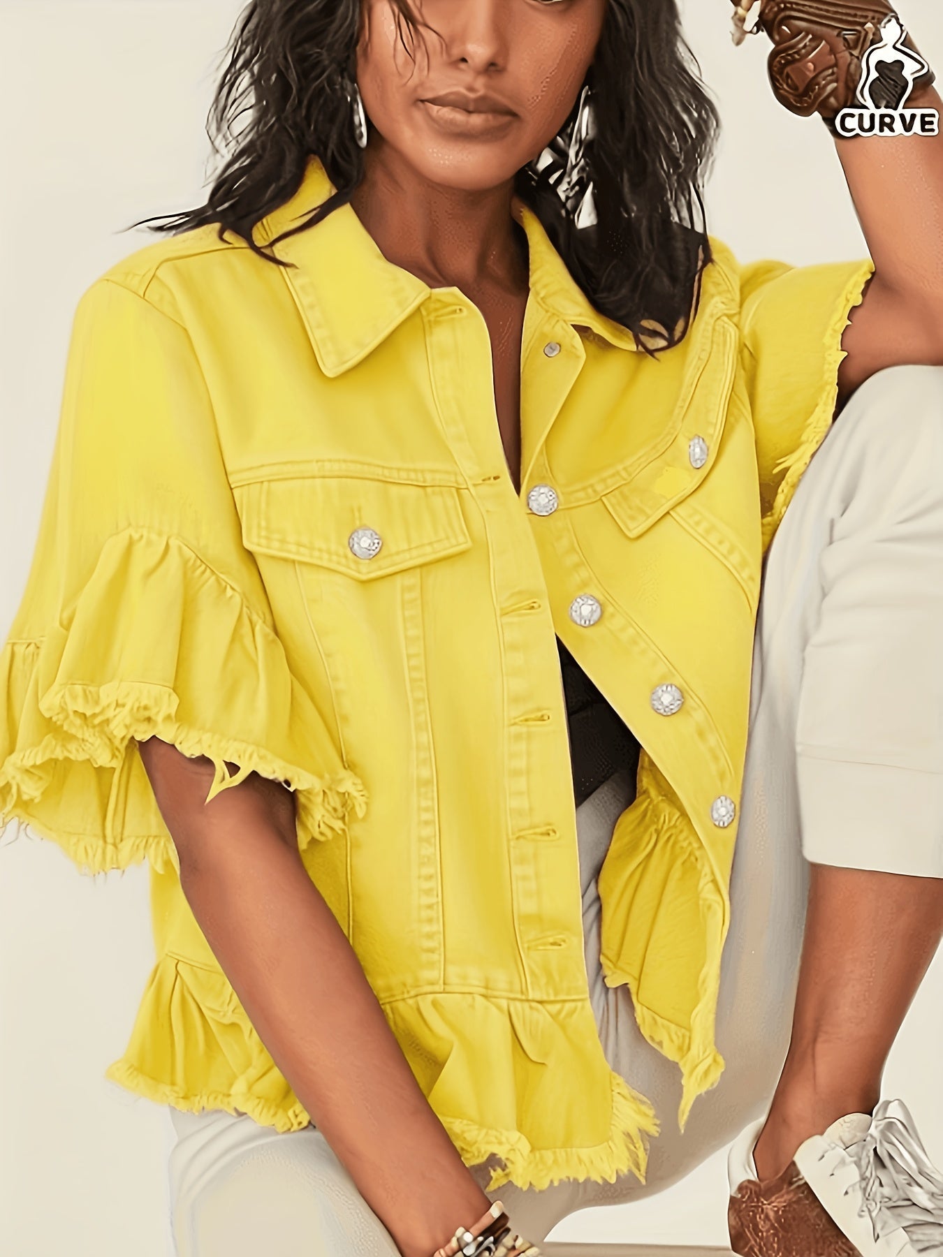 Women's Plus Size Pleated Denim Jacket - Loose Cuffs and Ruffle Hem detail view