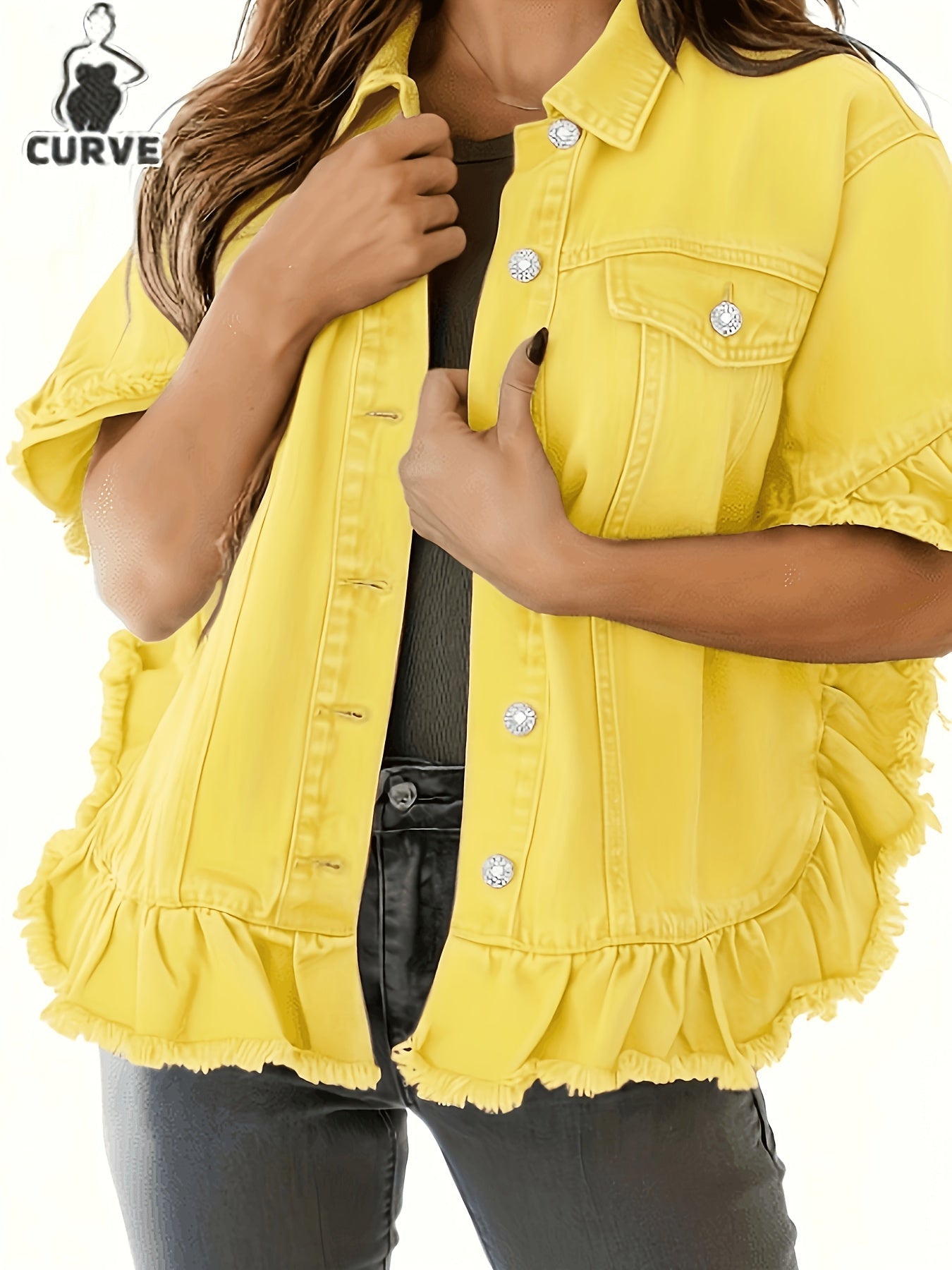 Women's Plus Size Pleated Denim Jacket - Loose Cuffs and Ruffle Hem detail view