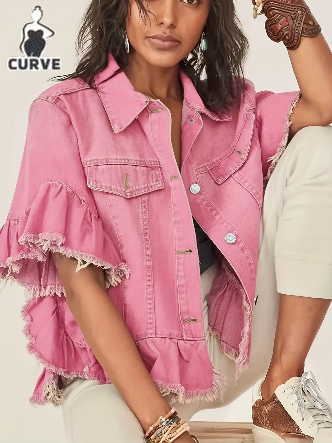 Women's Plus Size Pleated Denim Jacket - Loose Cuffs and Ruffle Hem – Navy option – main product image