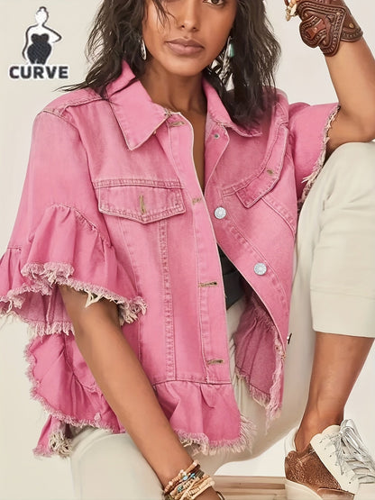 Women's Plus Size Pleated Denim Jacket - Loose Cuffs and Ruffle Hem – Navy option – main product image