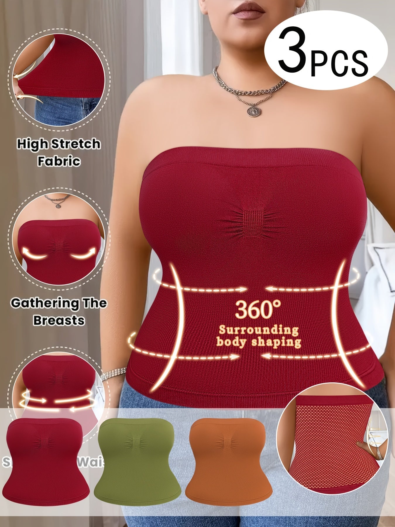 Women's Plus Size Tube Tops - 3-Pack Built-In Bra detail view