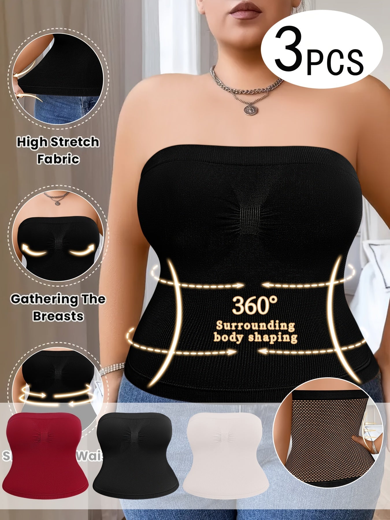 Women's Plus Size Tube Tops - 3-Pack Built-In Bra detail view