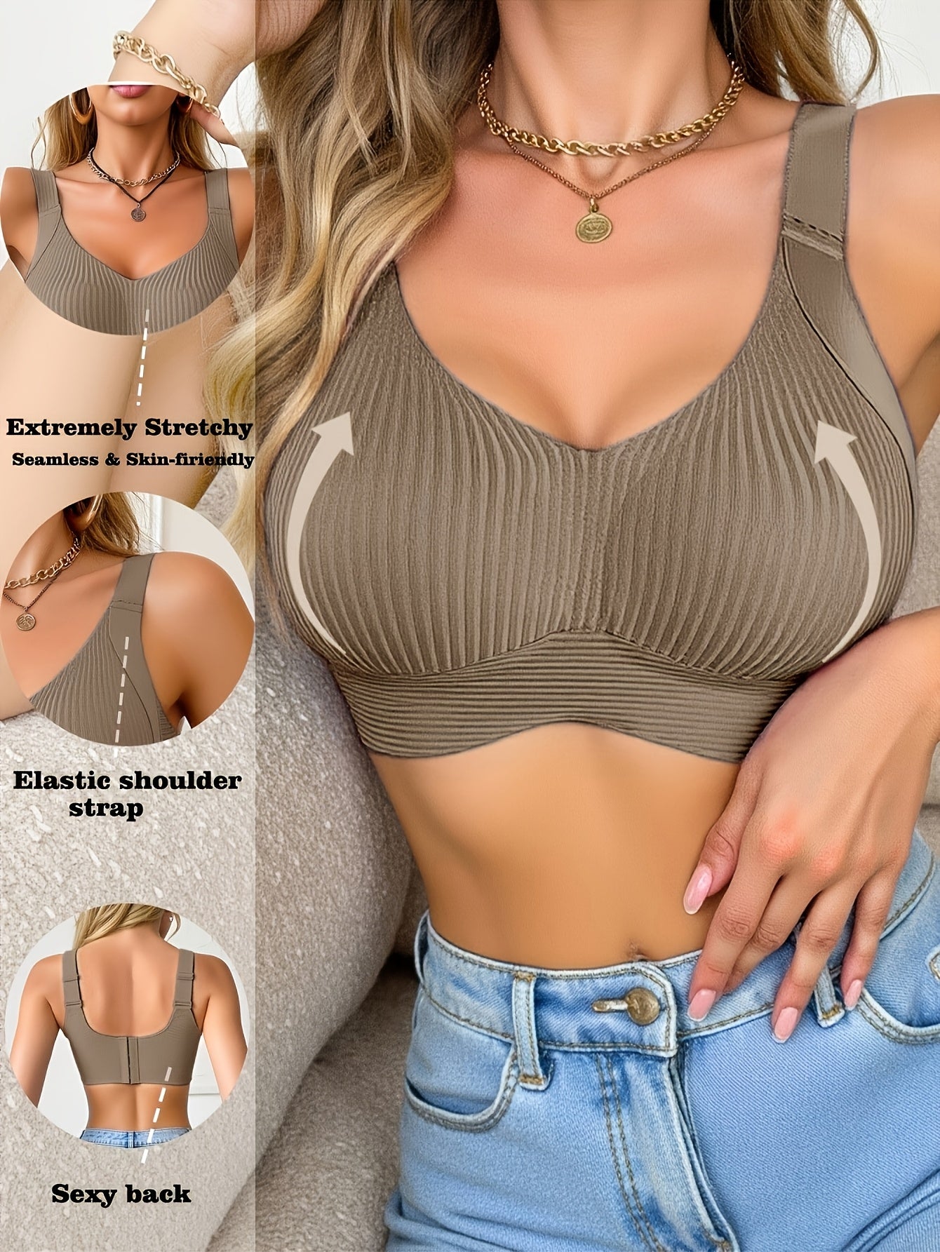 Women’s Plus Size Wireless Seamless Bra - Soft Everyday Support – Blue / White detail view