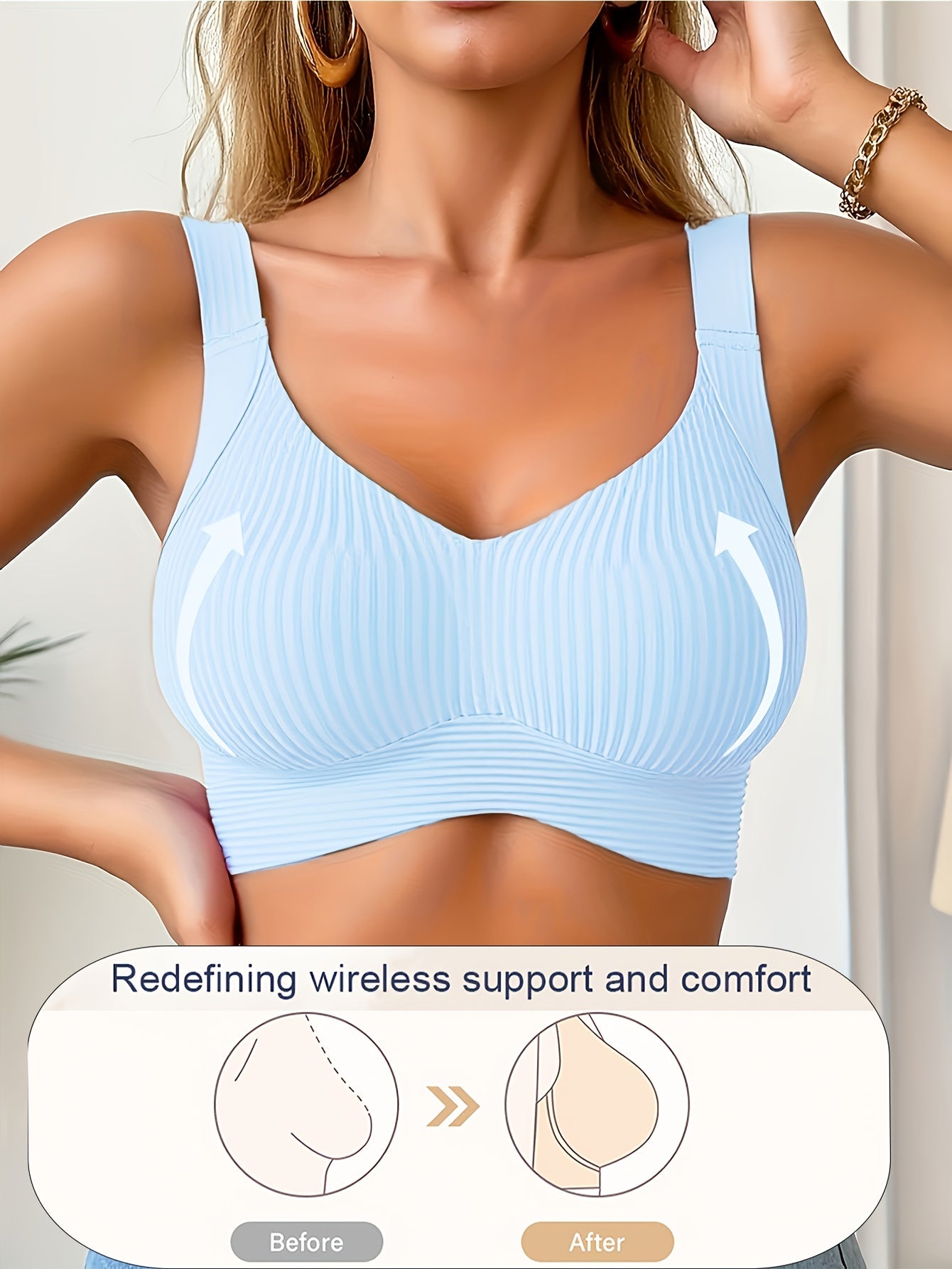 Women’s Plus Size Wireless Seamless Bra - Soft Everyday Support – Blue / White – Blue option – view 7