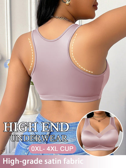 Women’s Plus Size Wireless Seamless Bra - Soft Everyday Support – pink color Satin – view 5