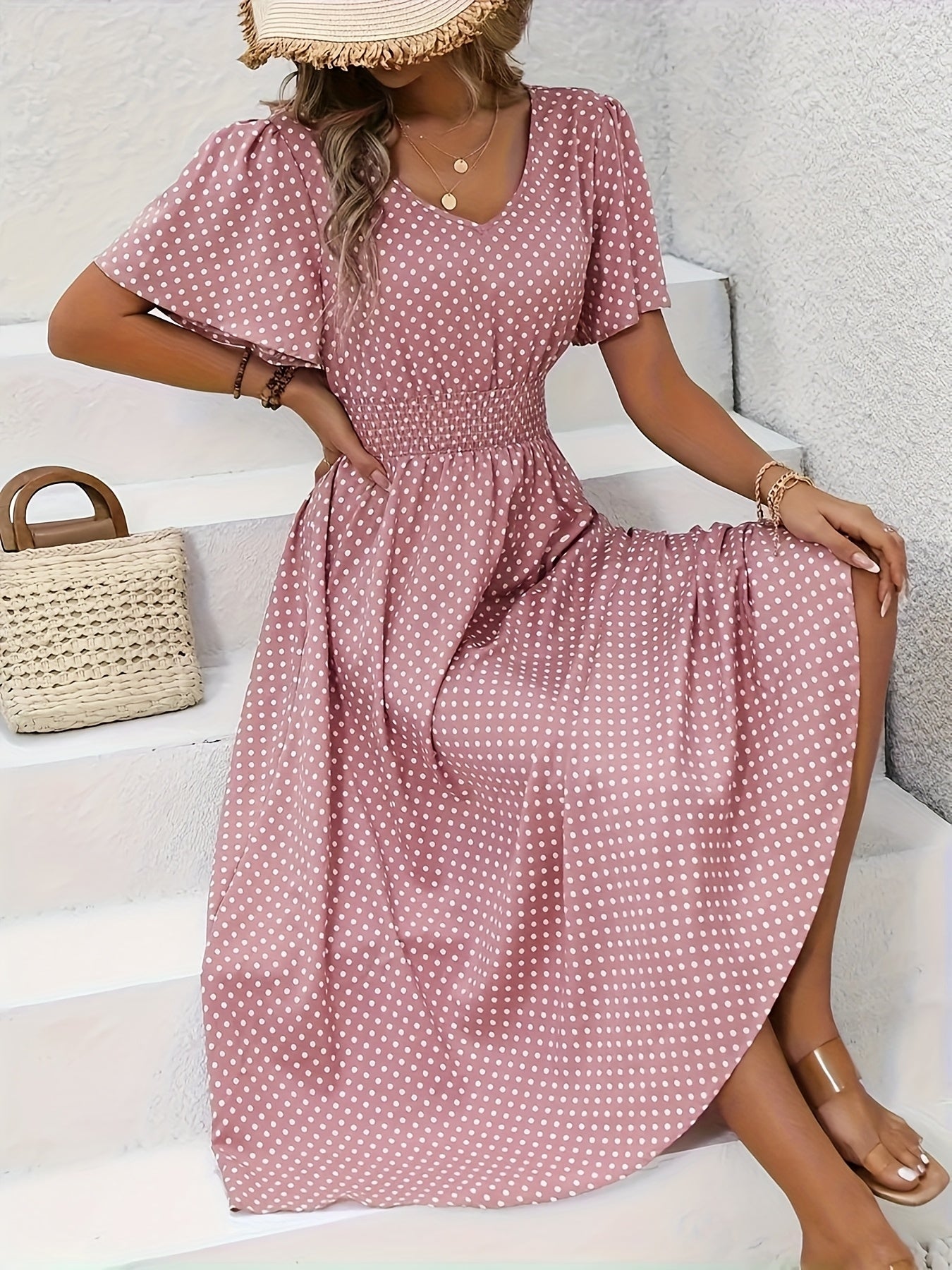 Women's Polka Dot V-Neck Maxi Casual Dress - Ruffle detail view