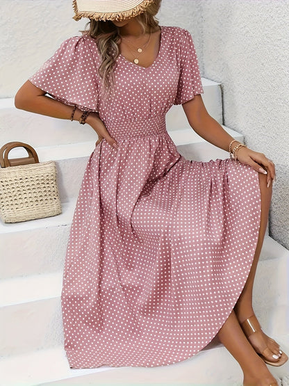 Women's Polka Dot V-Neck Maxi Casual Dress - Ruffle detail view