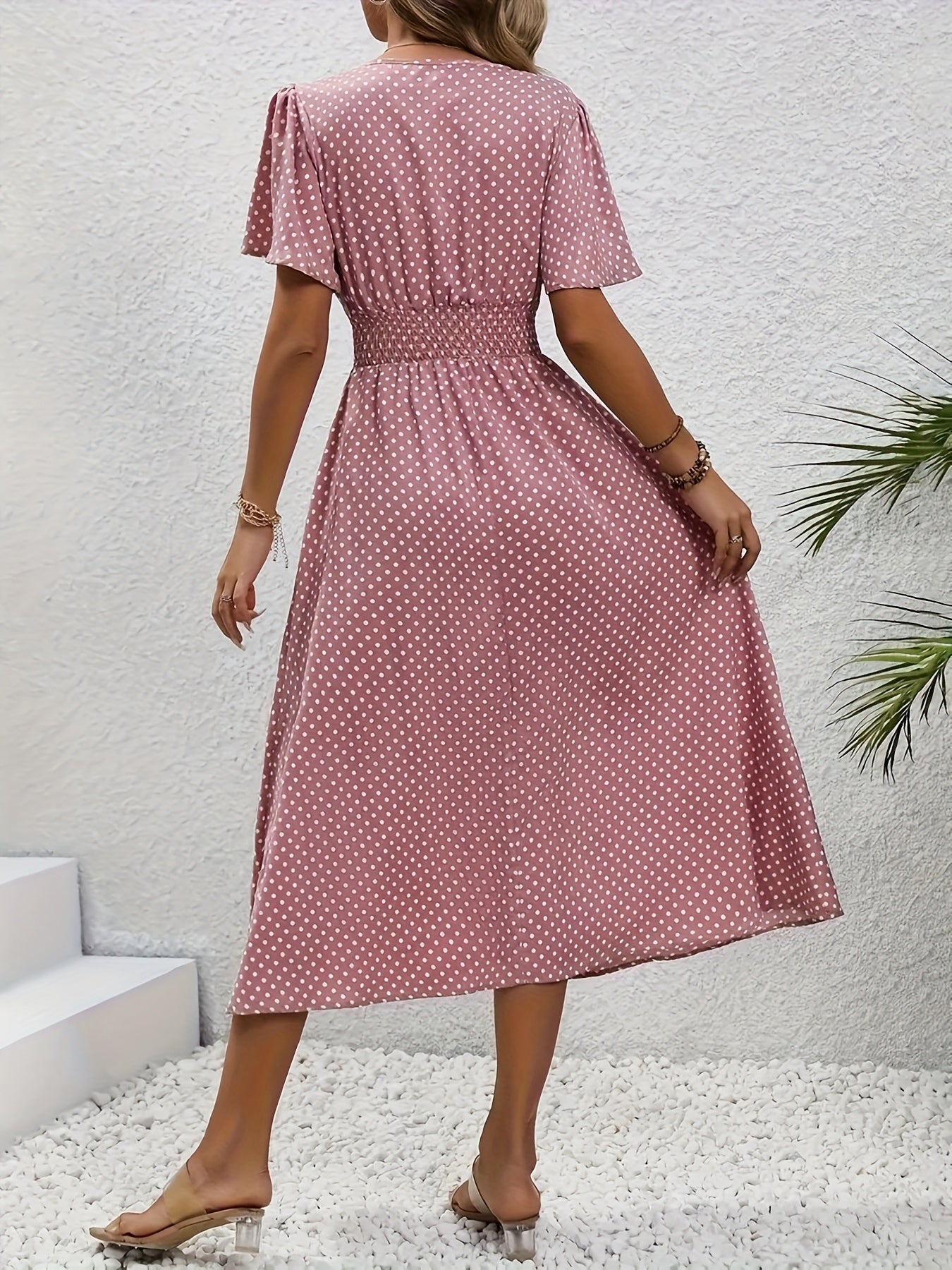Women's Polka Dot V-Neck Maxi Casual Dress - Ruffle detail view