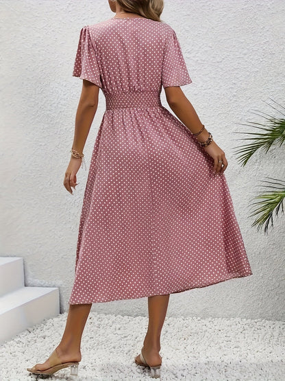 Women's Polka Dot V-Neck Maxi Casual Dress - Ruffle detail view