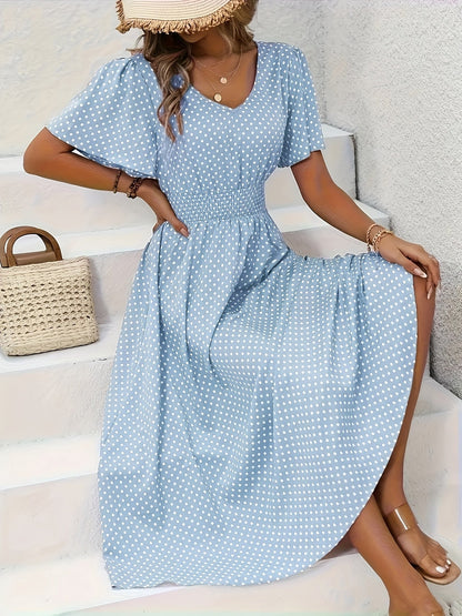 Women's Polka Dot V-Neck Maxi Casual Dress - Ruffle detail view