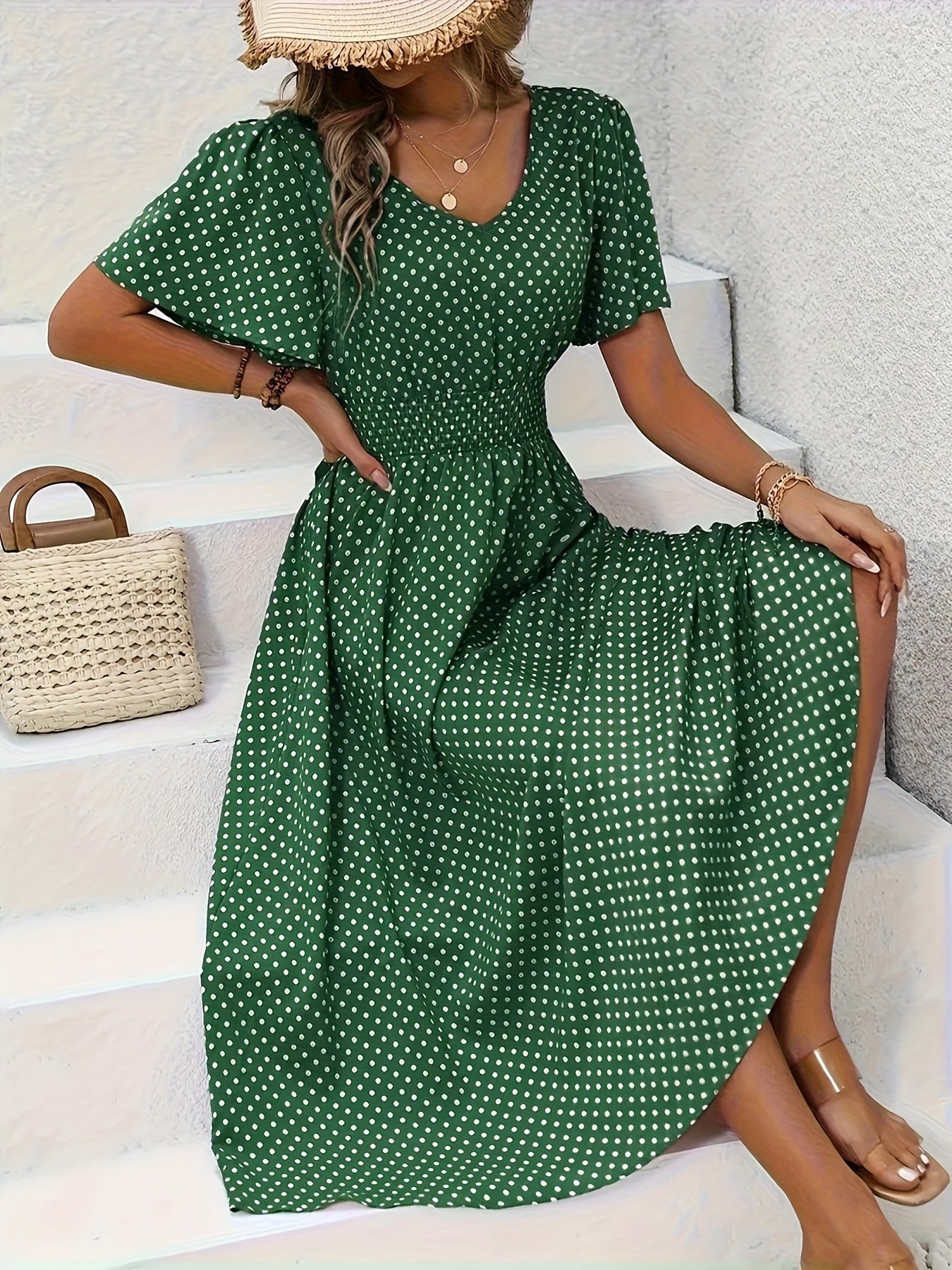 Women's Polka Dot V-Neck Maxi Casual Dress - Ruffle detail view