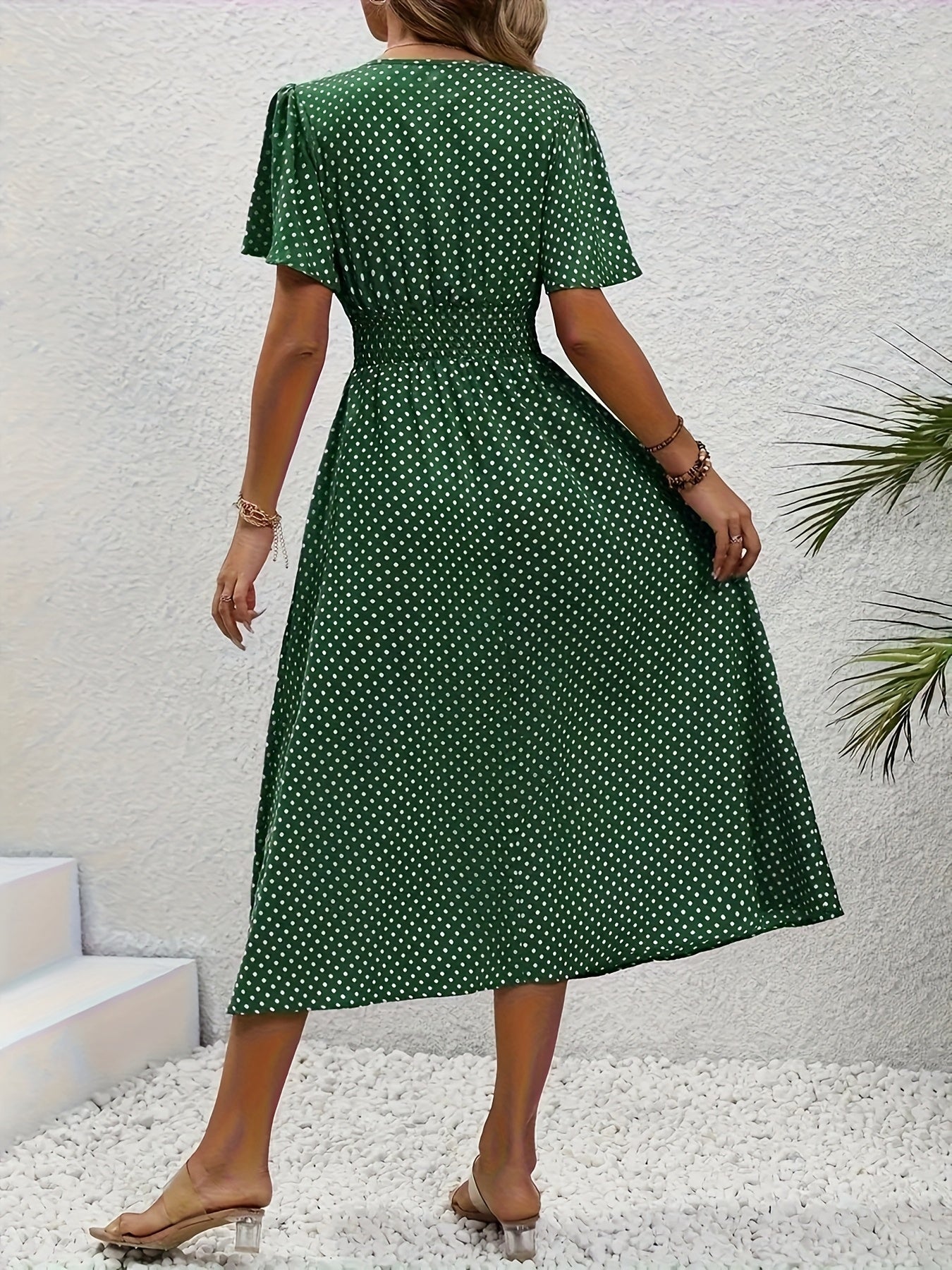 Women's Polka Dot V-Neck Maxi Casual Dress - Ruffle detail view