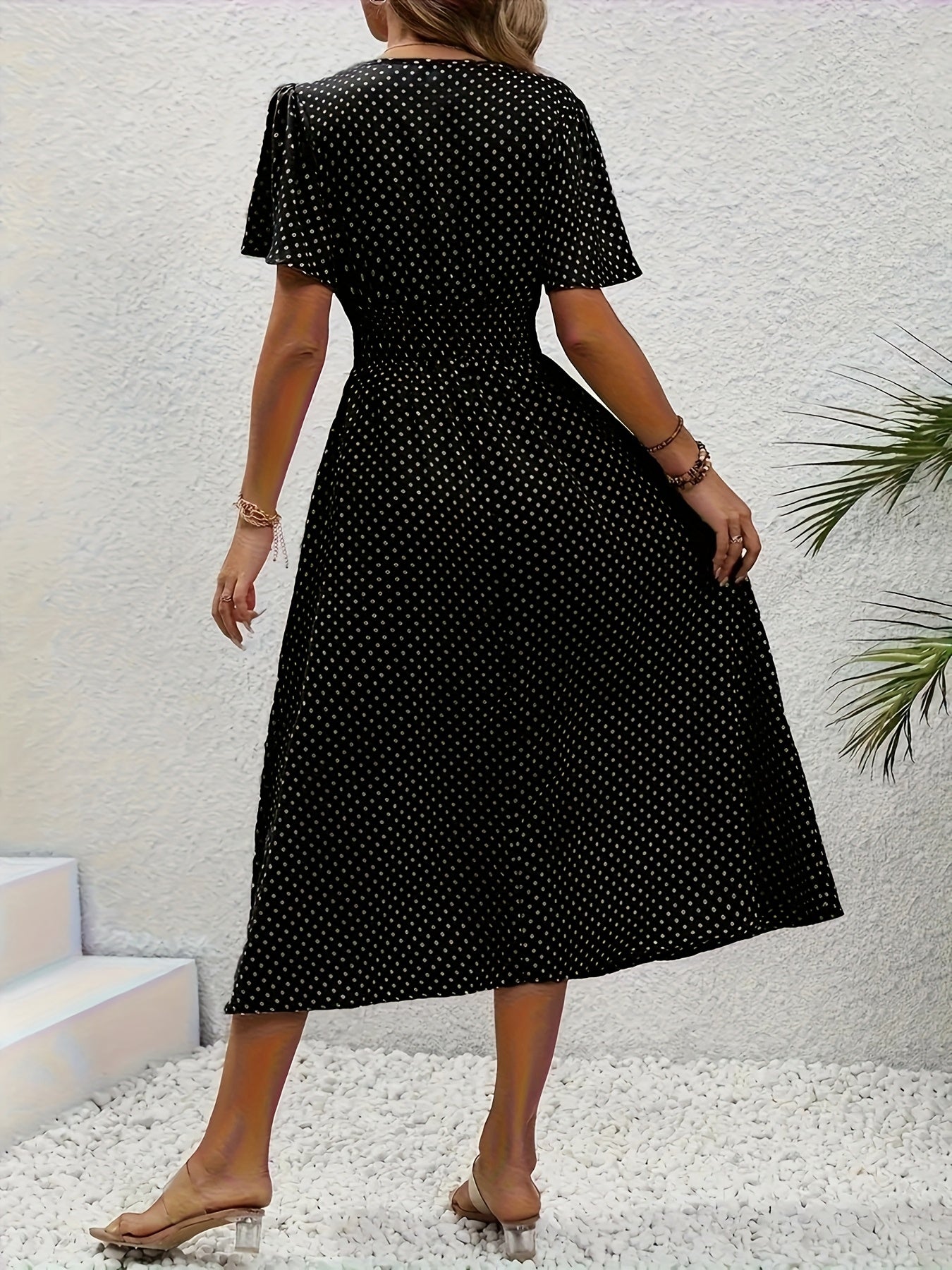 Women's Polka Dot V-Neck Maxi Casual Dress - Ruffle detail view