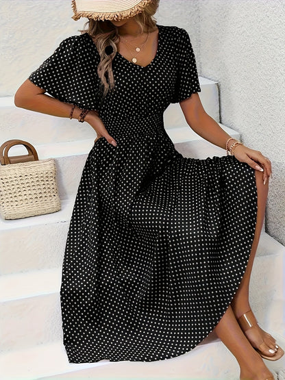 Women's Polka Dot V-Neck Maxi Casual Dress - Ruffle – Gray option – view 2