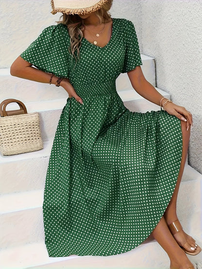 Women's Polka Dot V-Neck Maxi Casual Dress - Ruffle – Gray option – view 3