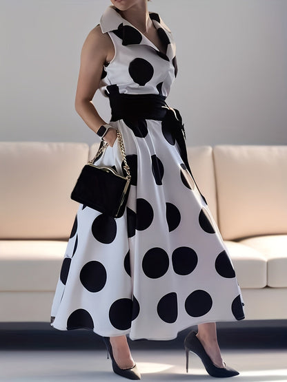 Women's Polka Dot V-Neck Maxi Shirt Dress - Belted detail view