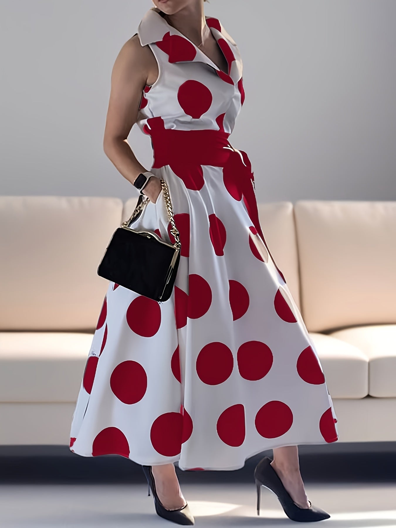 Women's Polka Dot V-Neck Maxi Shirt Dress - Belted detail view