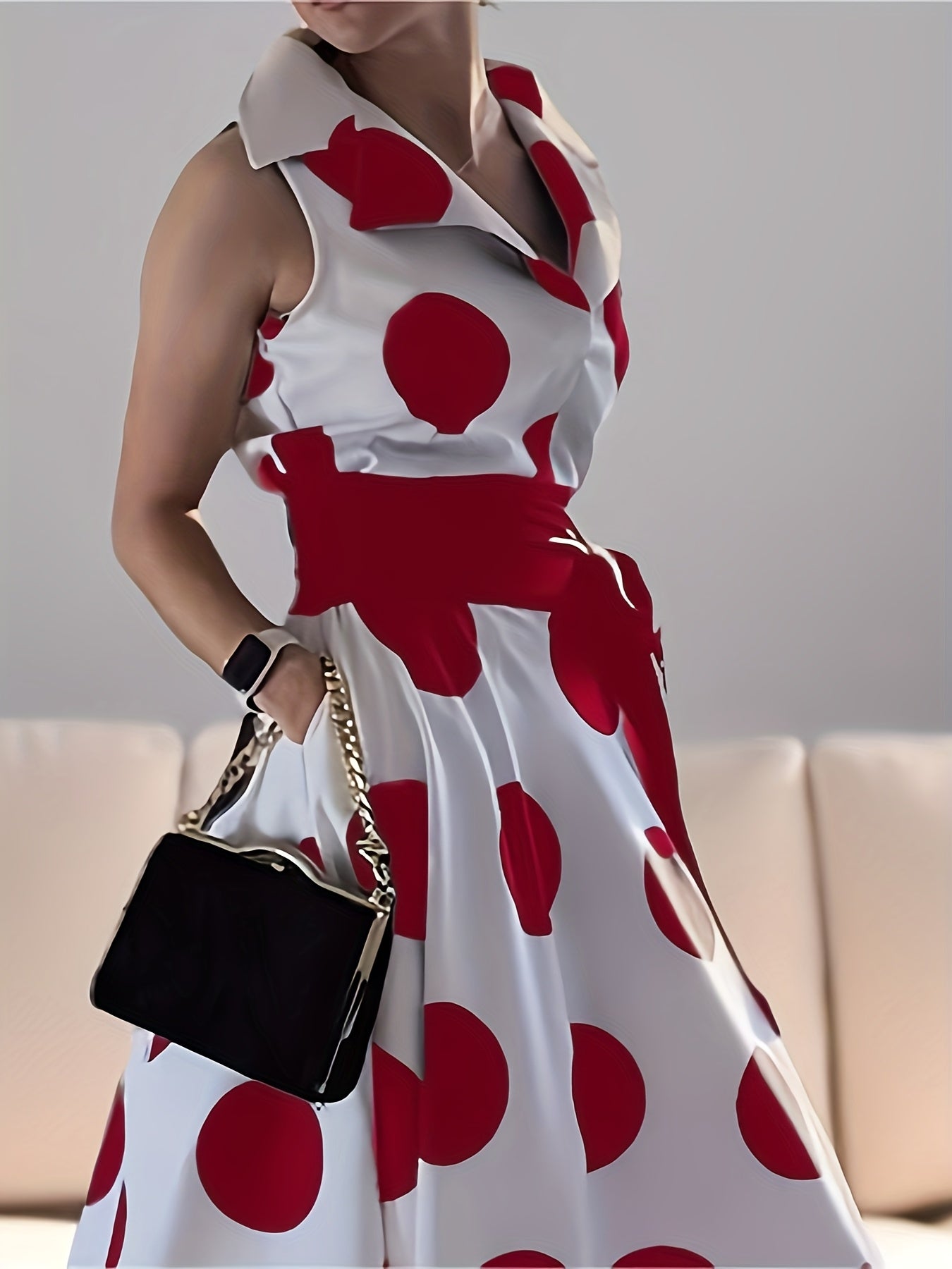 Women's Polka Dot V-Neck Maxi Shirt Dress - Belted detail view