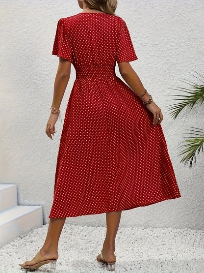 Women's Polka Dot V-Neck Midi Casual Dress - Ruffle detail view