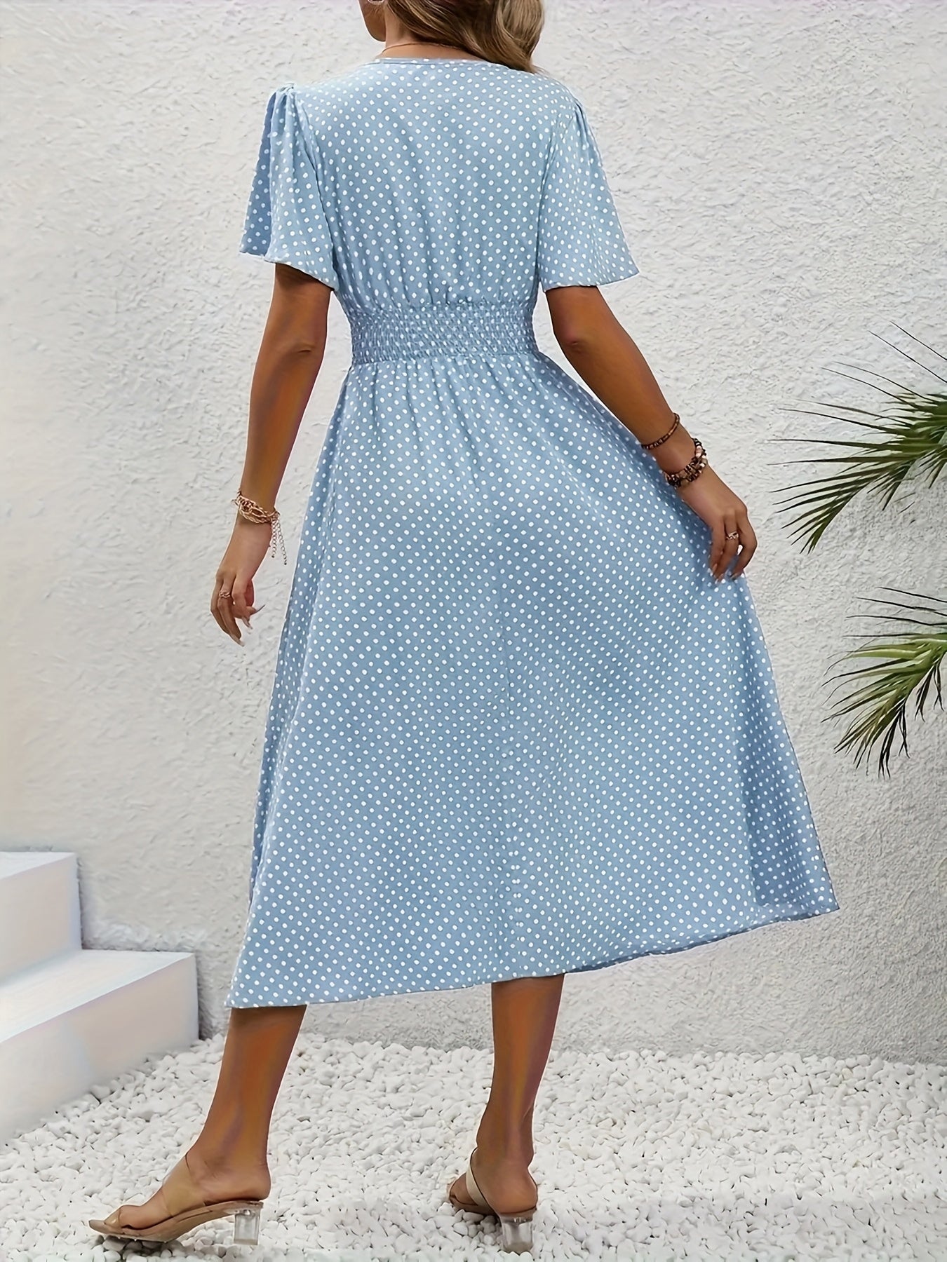 Women's Polka Dot V-Neck Midi Casual Dress - Ruffle detail view