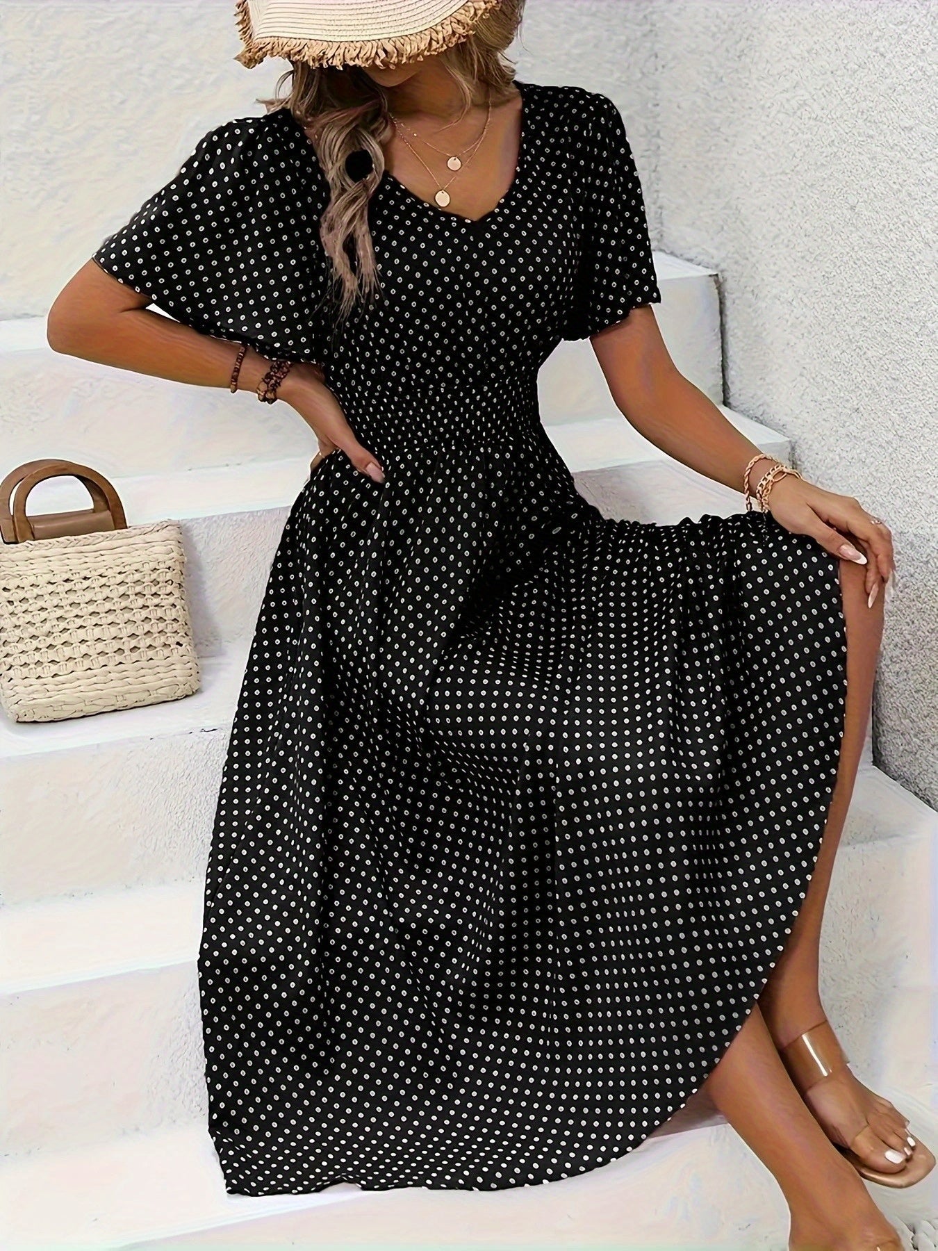 Women's Polka Dot V-Neck Midi Casual Dress - Ruffle detail view