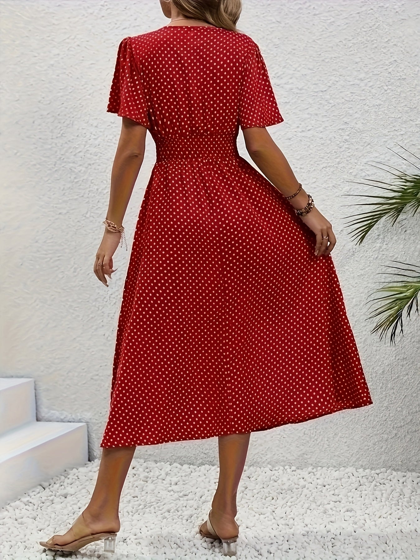 Women's Polka Dot V-Neck Midi Casual Dress - Ruffle detail view