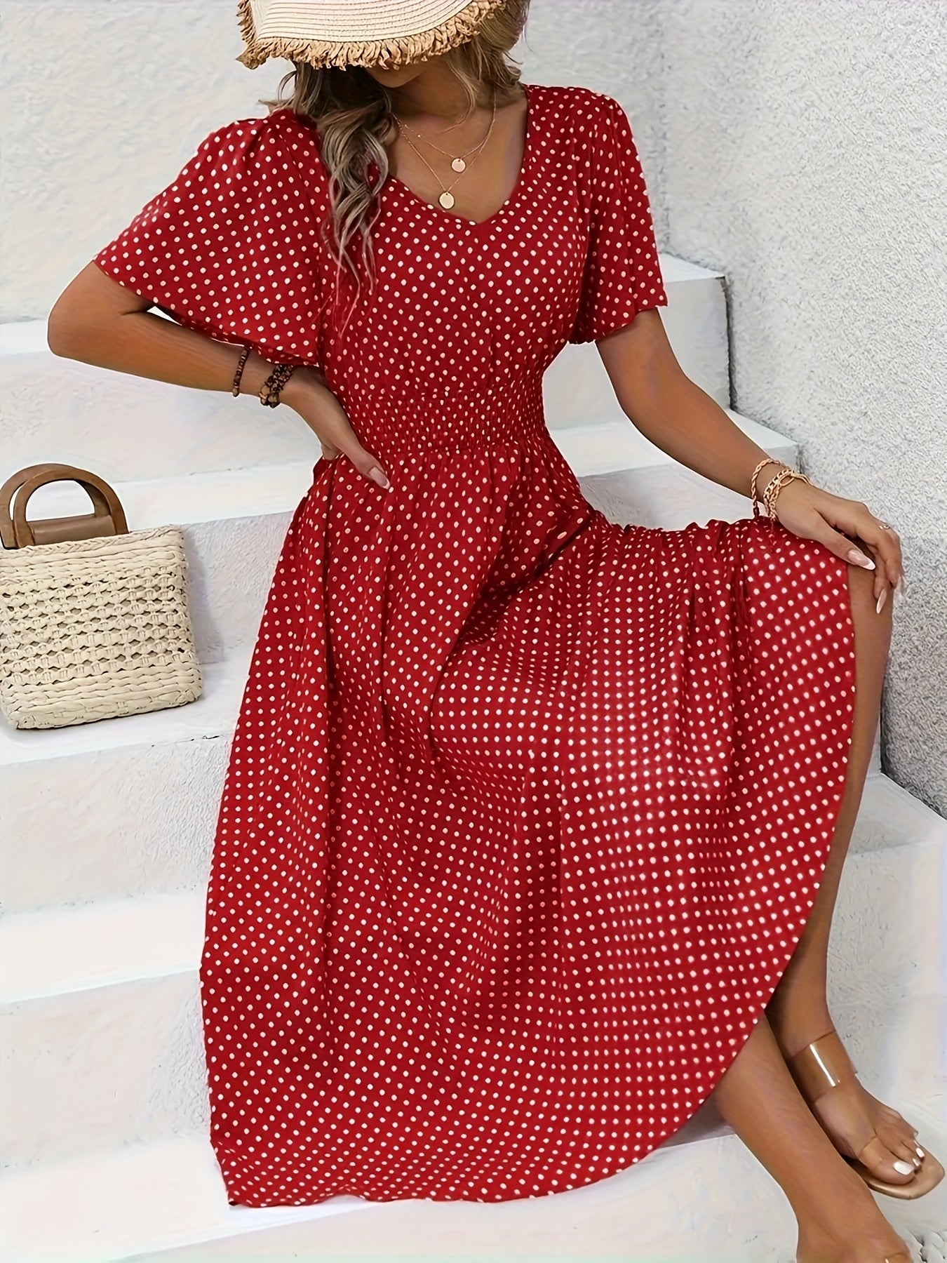 Women's Polka Dot V-Neck Midi Casual Dress - Ruffle – Gray option – main product image