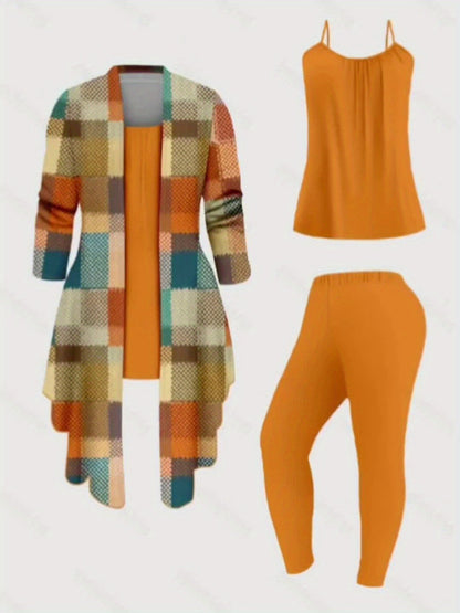 Women's Printed Cardigan Outfit Set - Three-Piece Vest and Slacks detail view