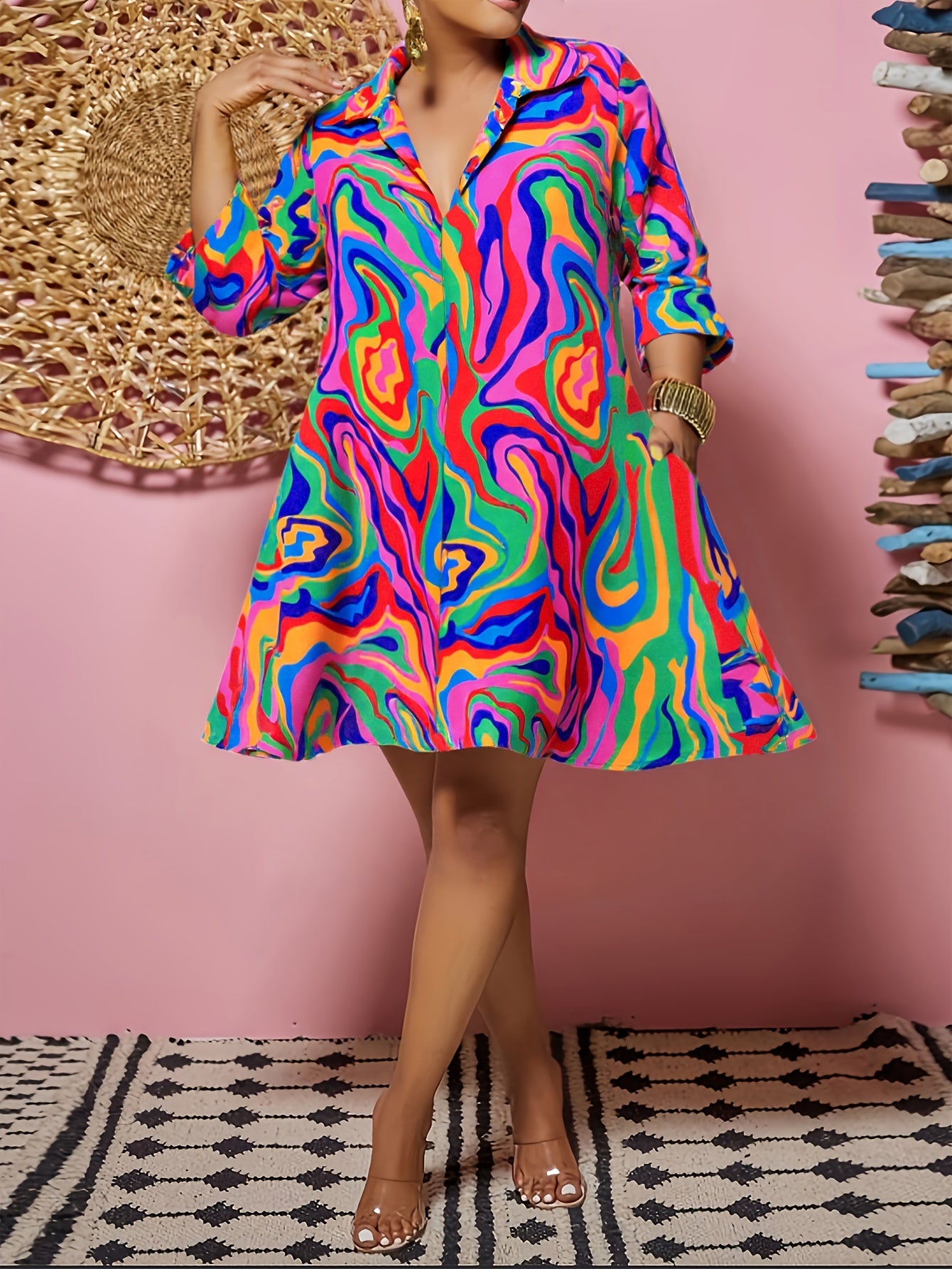Women's Printed Collared Midi Vacation Dress - Long Sleeve detail view