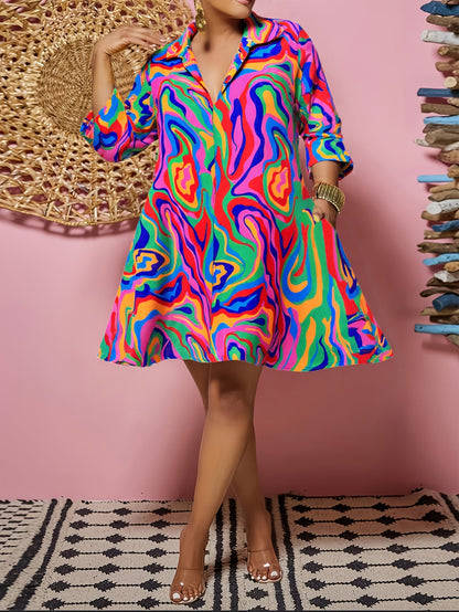 Women's Printed Collared Midi Vacation Dress - Long Sleeve detail view