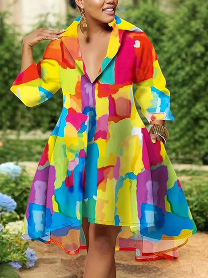Women's Printed Collared Midi Vacation Dress - Long Sleeve detail view