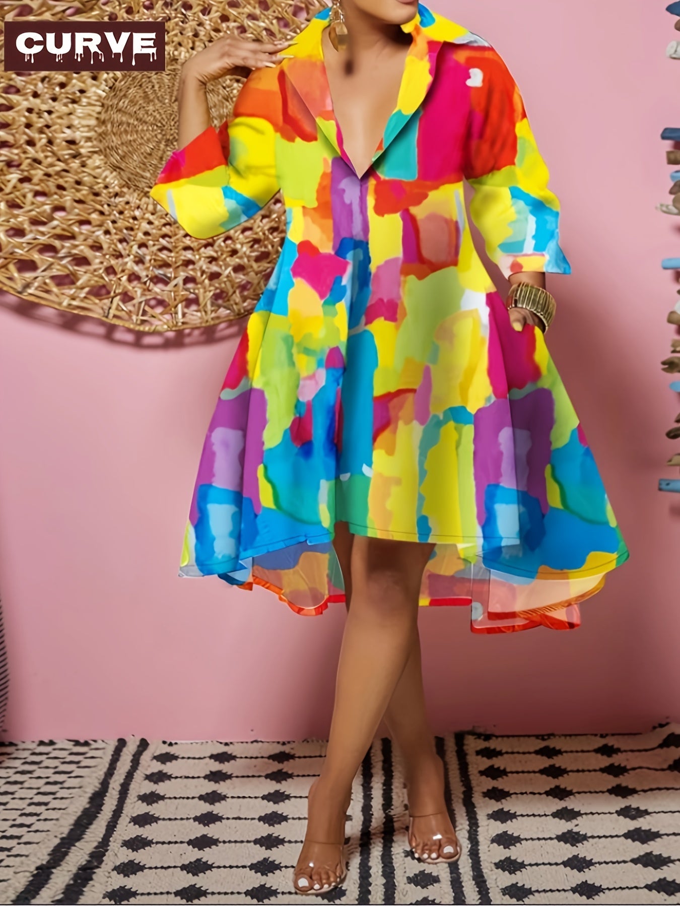 Women's Printed Collared Midi Vacation Dress - Long Sleeve detail view