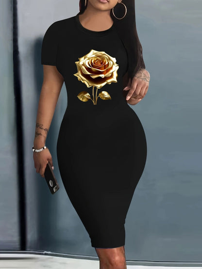 Women's Printed Crew Neck Bodycon Dress - Short Sleeve detail view