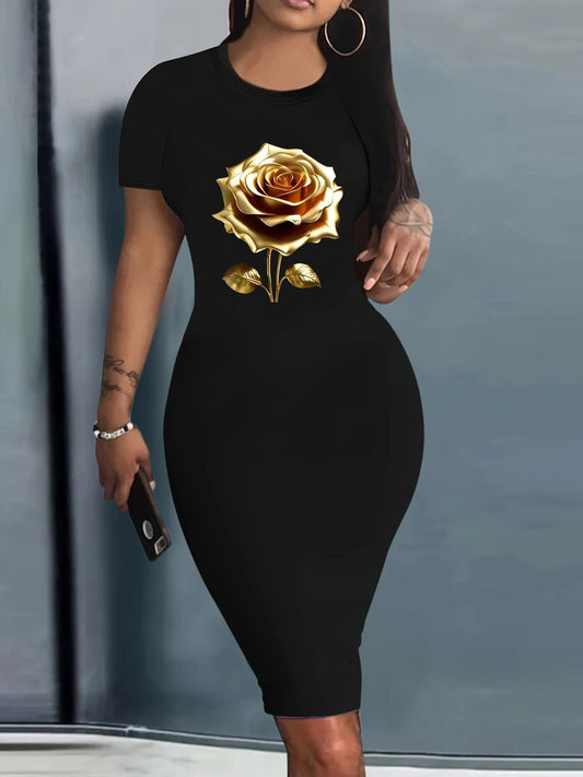 Women's Printed Crew Neck Bodycon Dress - Short Sleeve – Black option – main product image