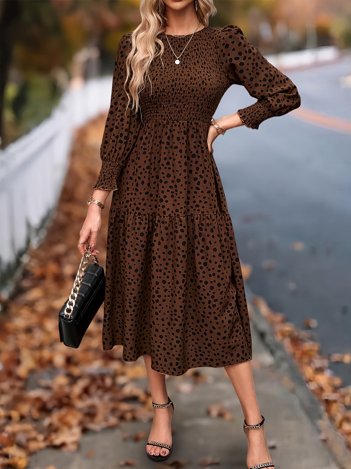 Women's Printed Crew Neck Maxi Summer Dress – Long Sleeve detail view