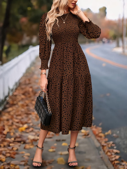 Women's Printed Crew Neck Maxi Summer Dress – Long Sleeve – Brown option – main product image