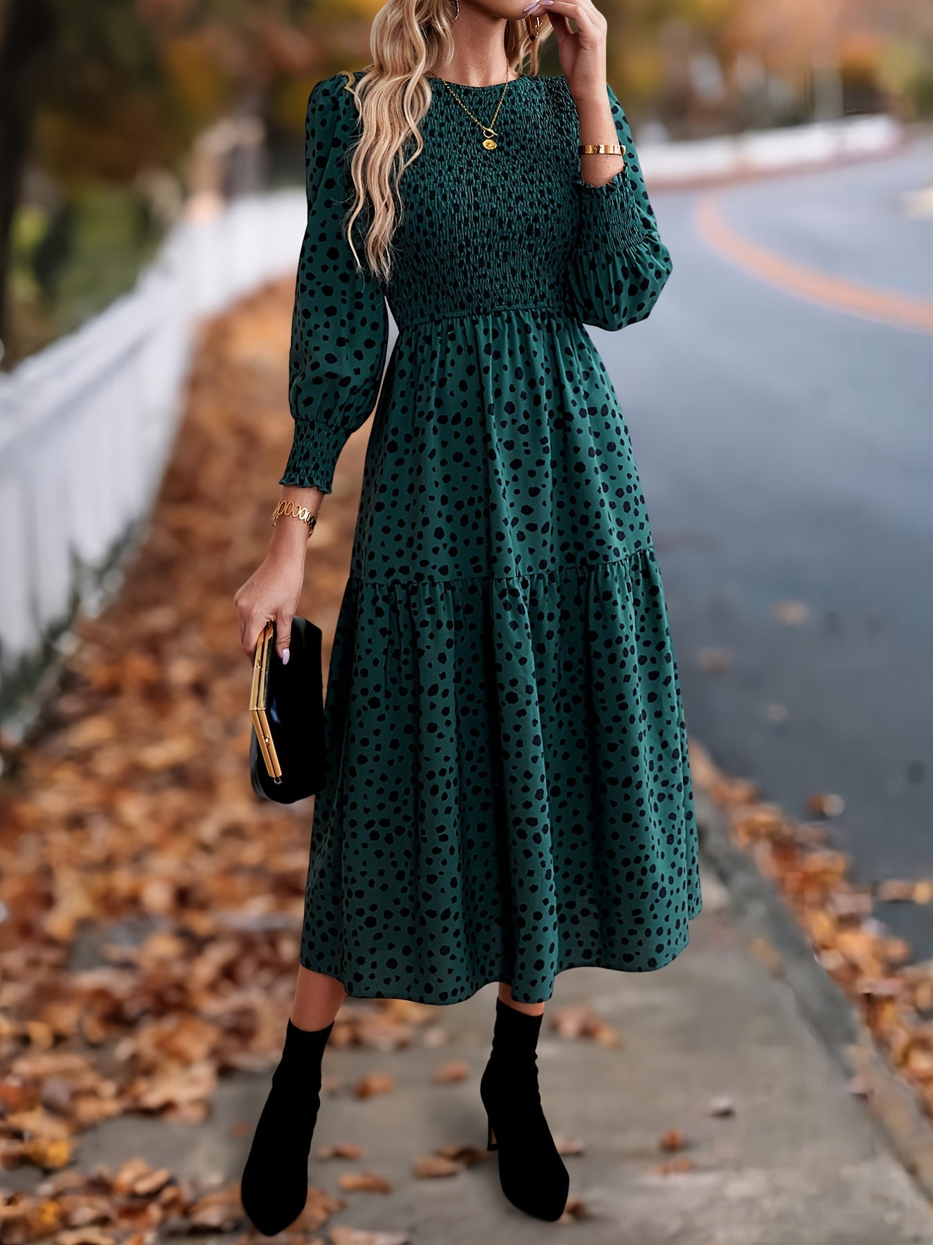 Women's Printed Crew Neck Maxi Summer Dress – Long Sleeve – Brown option – view 2