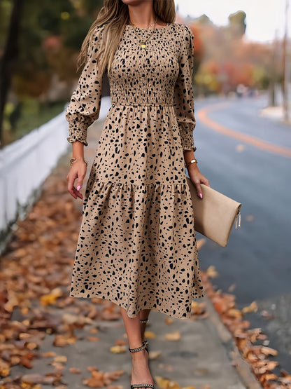 Women's Printed Crew Neck Maxi Summer Dress – Long Sleeve – Brown option – view 3