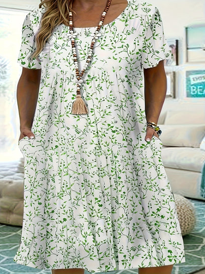 Women's Printed Crew Neck Midi Casual Dress - Short Sleeve detail view