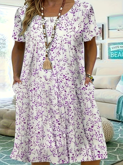 Women's Printed Crew Neck Midi Casual Dress - Short Sleeve – White option – view 2